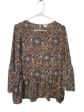 J.Crew Floral Peplum Blouse Long Sleeve Boho Folk Print Fall Top Multicolor M